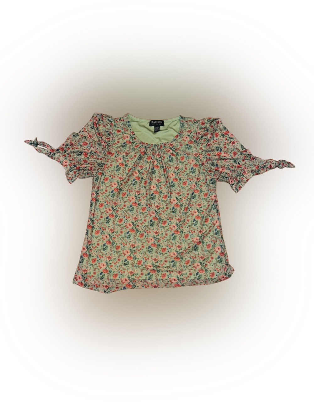 Prairie Madison Floral Puff Sleeve Blouse in Light Green with Pink Blooms